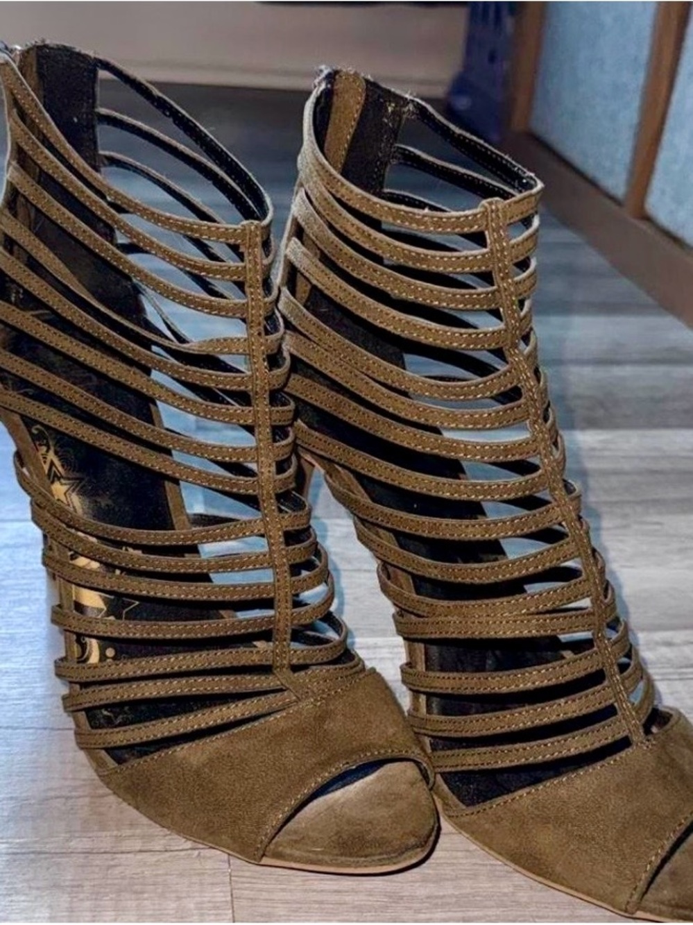 Brash Olive Suede Strappy High Heel Sandal - Picture 3 of 14